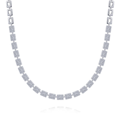 18K White Gold Station Necklace with Diamond Halo Baguettes