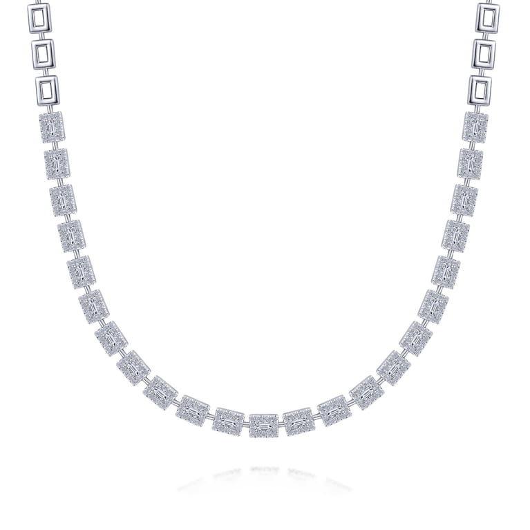 18K White Gold Station Necklace with Diamond Halo Baguettes - 2.5 ct - Shot 1