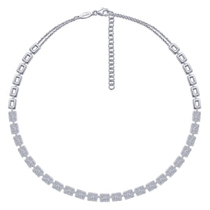 18K White Gold Station Necklace with Diamond Halo Baguettes