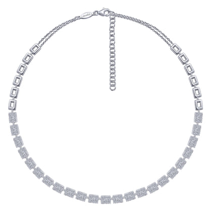 18K White Gold Station Necklace with Diamond Halo Baguettes