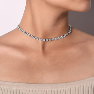 18K White Gold Station Necklace with Diamond Halo Baguettes