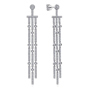 18K White Gold Three Row Linear Drop Diamond Stud Earrings