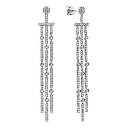 18K White Gold Three Row Linear Drop Diamond Stud Earrings