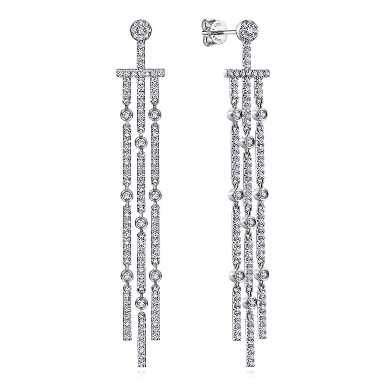 18K White Gold Three Row Linear Drop Diamond Stud Earrings - 1.6 ct - Shot 1