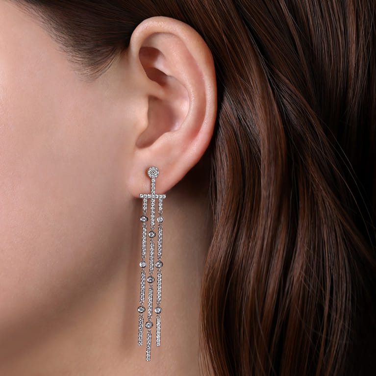 18K White Gold Three Row Linear Drop Diamond Stud Earrings - 1.6 ct - Shot 2