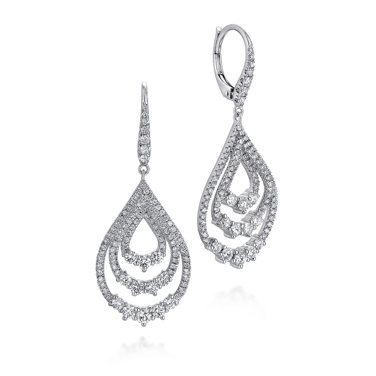 18K White Gold Triple Teardrop Diamond Drop Earrings - 1.4 ct - Shot 1