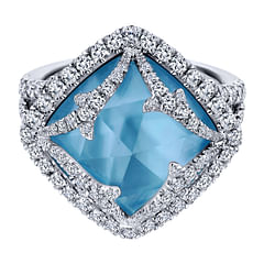 18K White Gold Vintage Inspired Rock Crystal  White MOP   Turquoise Triplet Ring