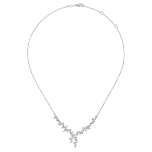 18K White Gold Waterfall Lariat Diamond Cluster Necklace