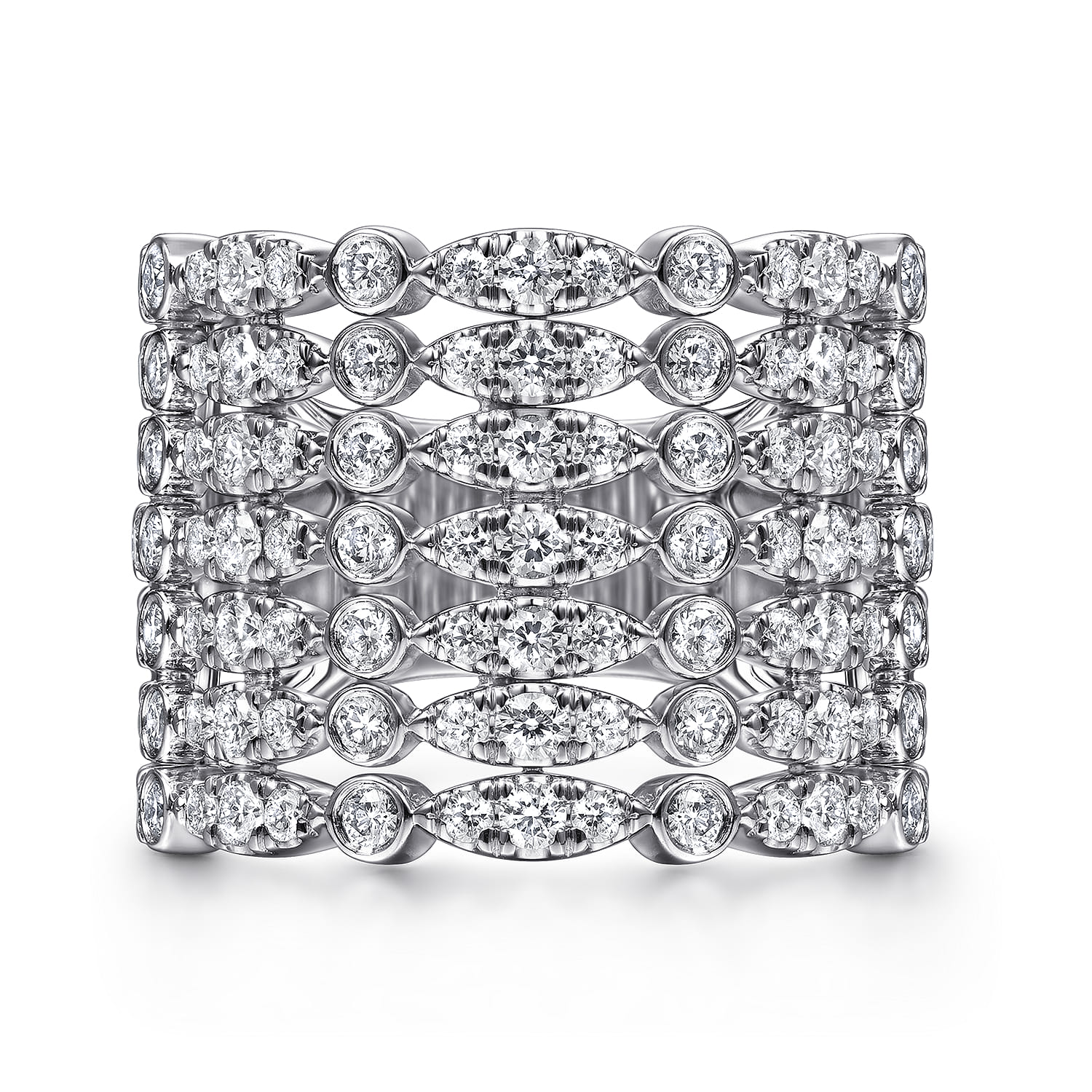 18K White Gold Wide Multi Row Diamond Ring - 1.4 ct - Shot 1
