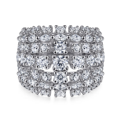 18K White Gold Wide Six Row Diamond Ring