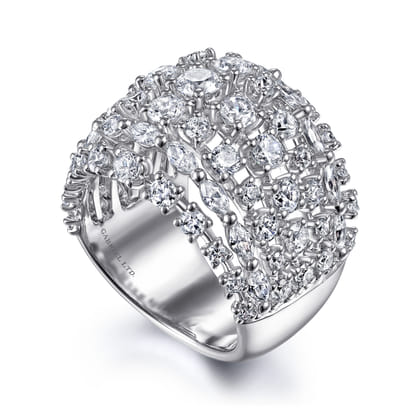 18K White Gold Wide Six Row Diamond Ring