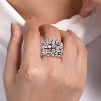18K White Gold Wide Six Row Diamond Ring