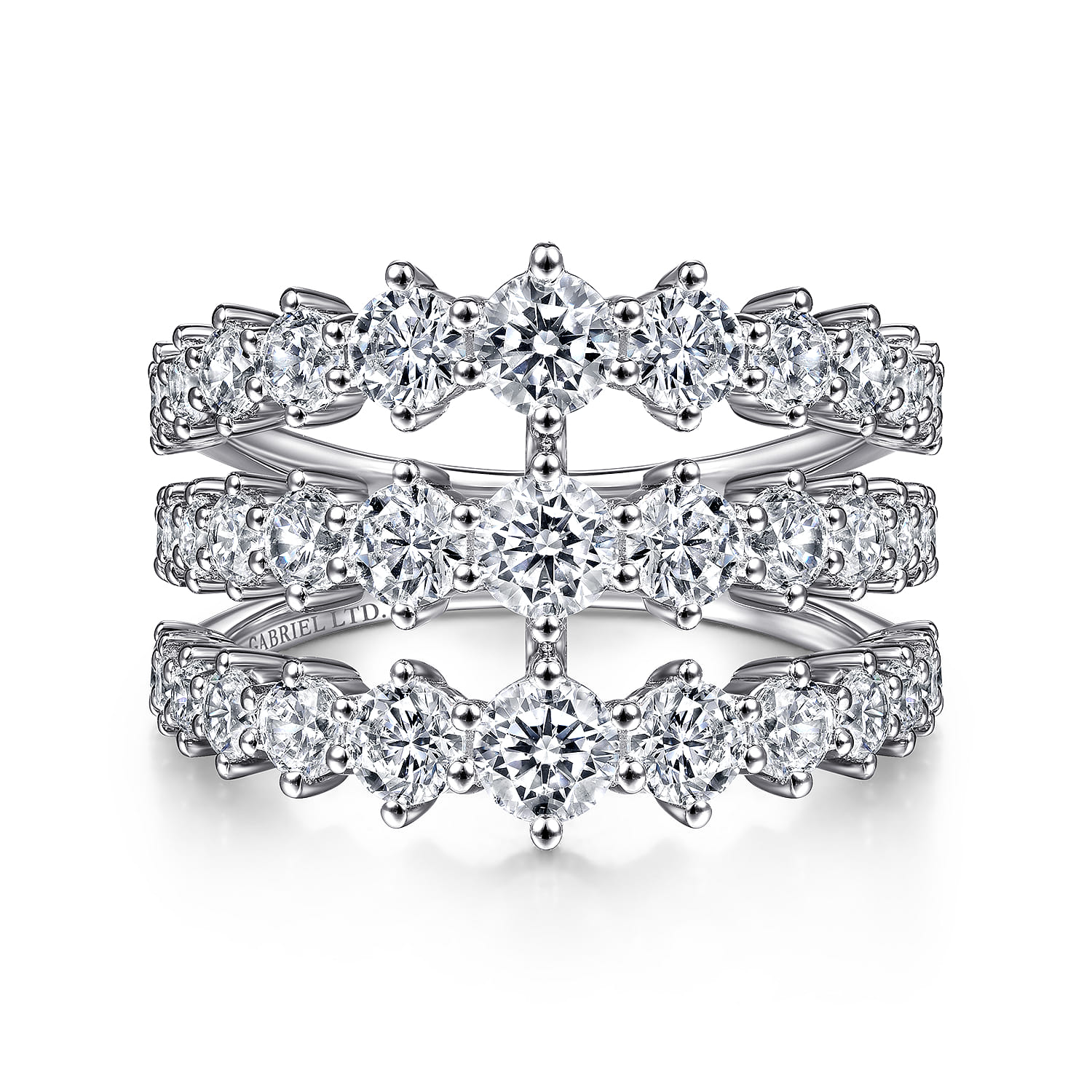 18K White Gold Wide Three Row Diamond Ring - 2.79 ct - Shot 1