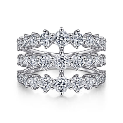 18K White Gold Wide Three Row Diamond Ring