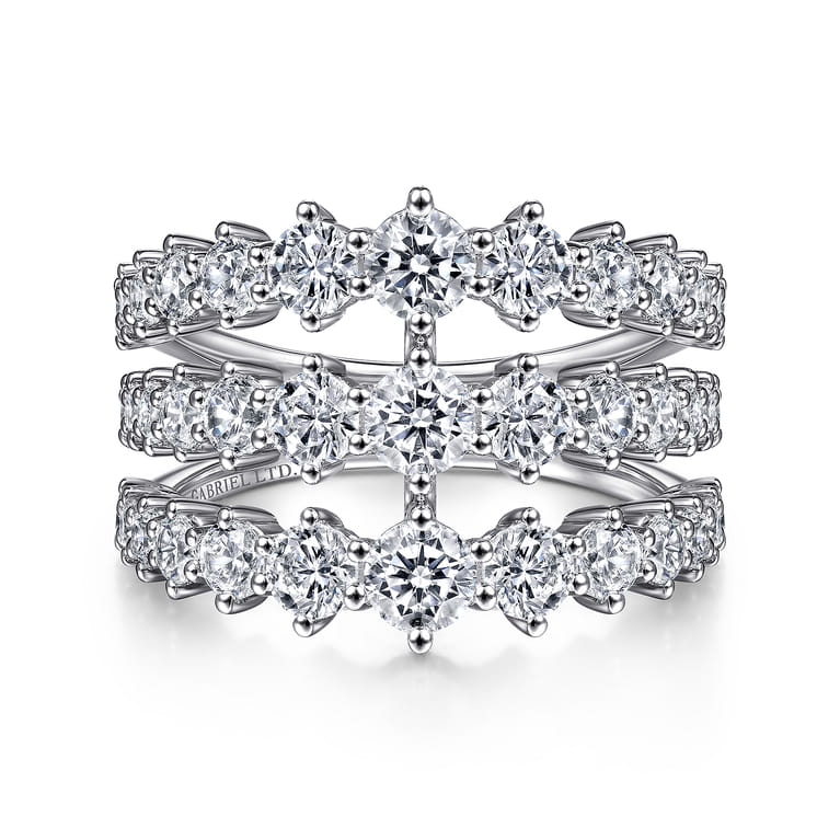 18K White Gold Wide Three Row Diamond Ring - 2.79 ct - Shot 1