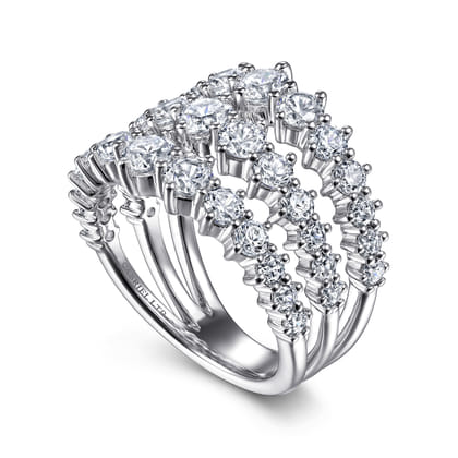 18K White Gold Wide Three Row Diamond Ring