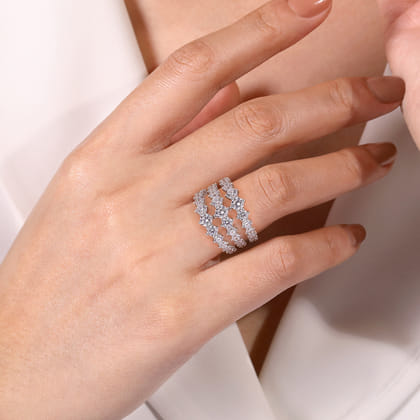 18K White Gold Wide Three Row Diamond Ring