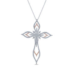 18K White-Rose Gold Openwork Diamond Cross Pendant Necklace
