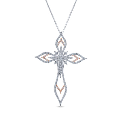 18K White-Rose Gold Openwork Diamond Cross Pendant Necklace