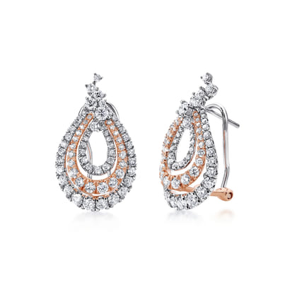 18K White-Rose Gold Triple Teardrop Diamond Huggies