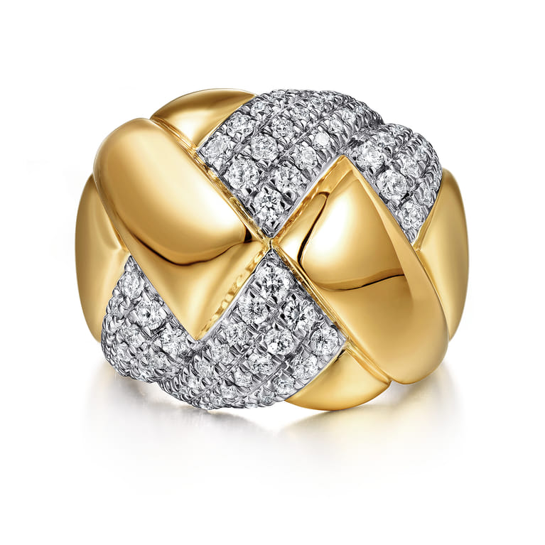 18K White-Yellow Gold Braided Metal and Diamond Wide Ring - 0.9 ct - Shot 1