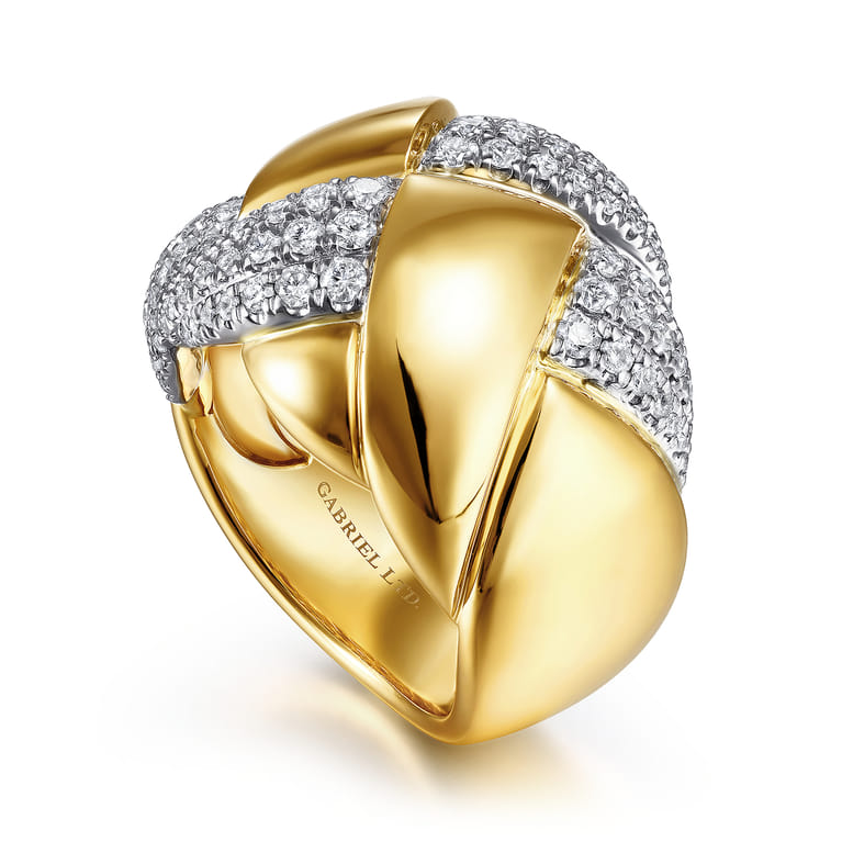 18K White-Yellow Gold Braided Metal and Diamond Wide Ring - 0.9 ct - Shot 3