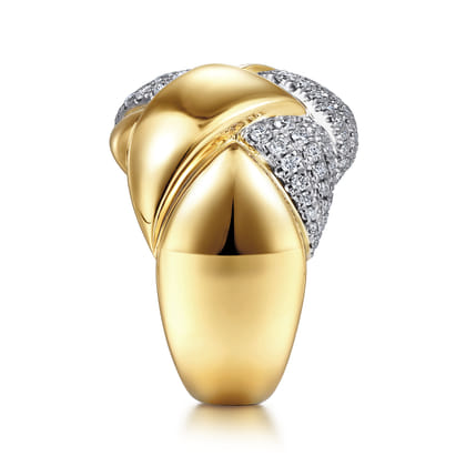 18K White-Yellow Gold Braided Metal and Diamond Wide Ring