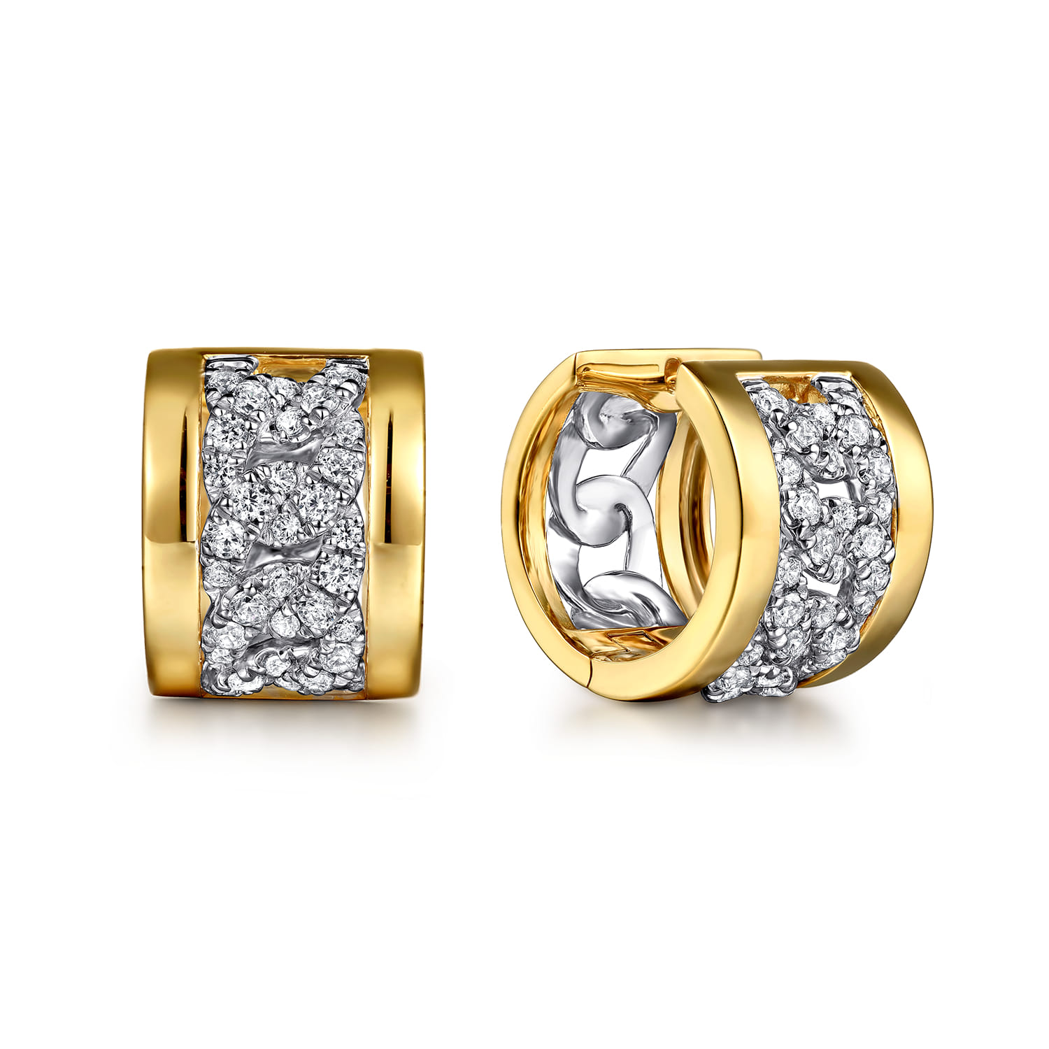 18K White  Yellow Gold Diamond Link Huggie Earrings - 1 ct - Shot 1