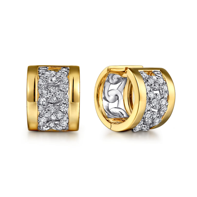 18K White  Yellow Gold Diamond Link Huggie Earrings - 1 ct - Shot 1