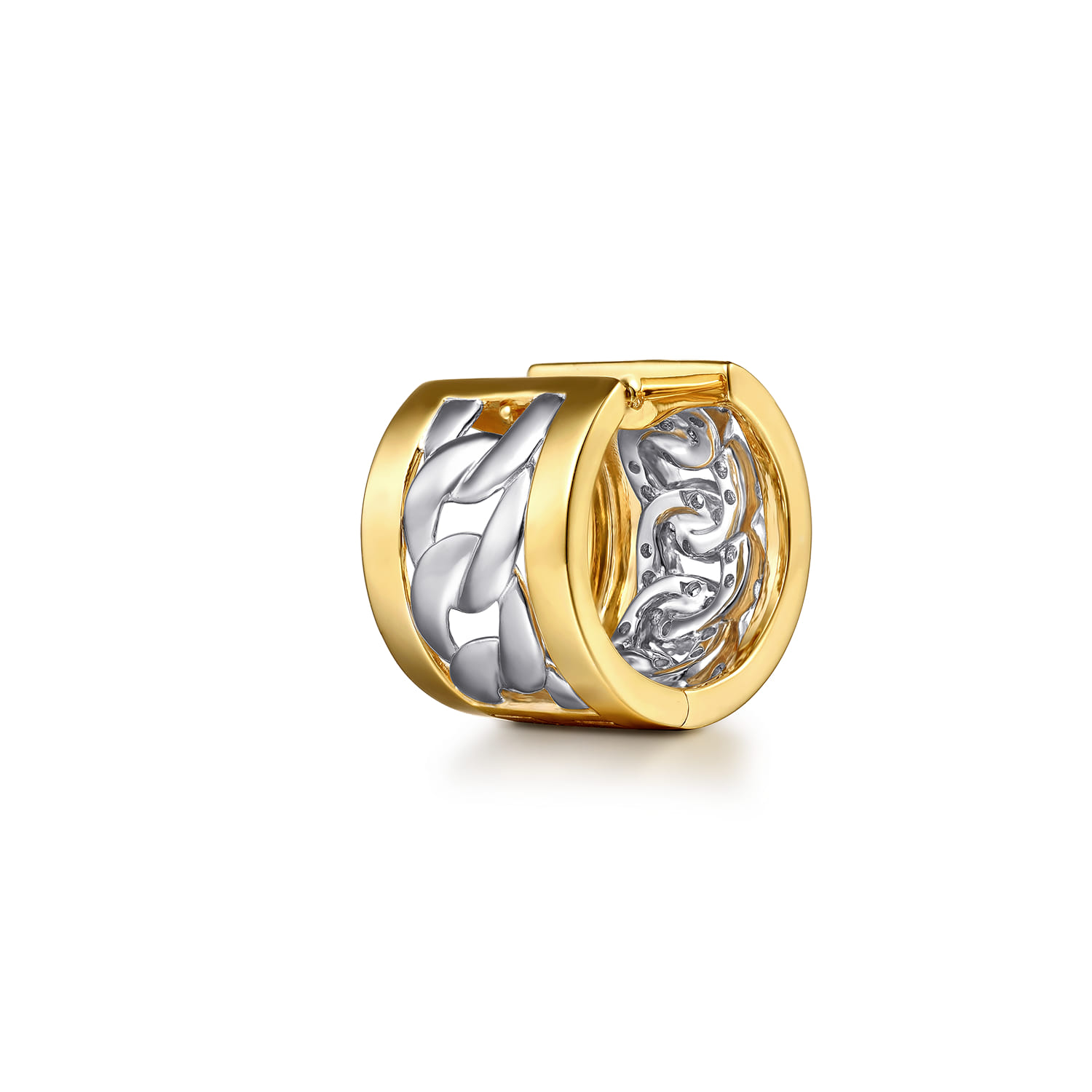 18K White  Yellow Gold Diamond Link Huggie Earrings - 1 ct - Shot 2