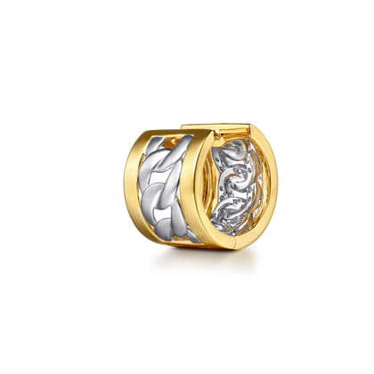 18K White  Yellow Gold Diamond Link Huggie Earrings