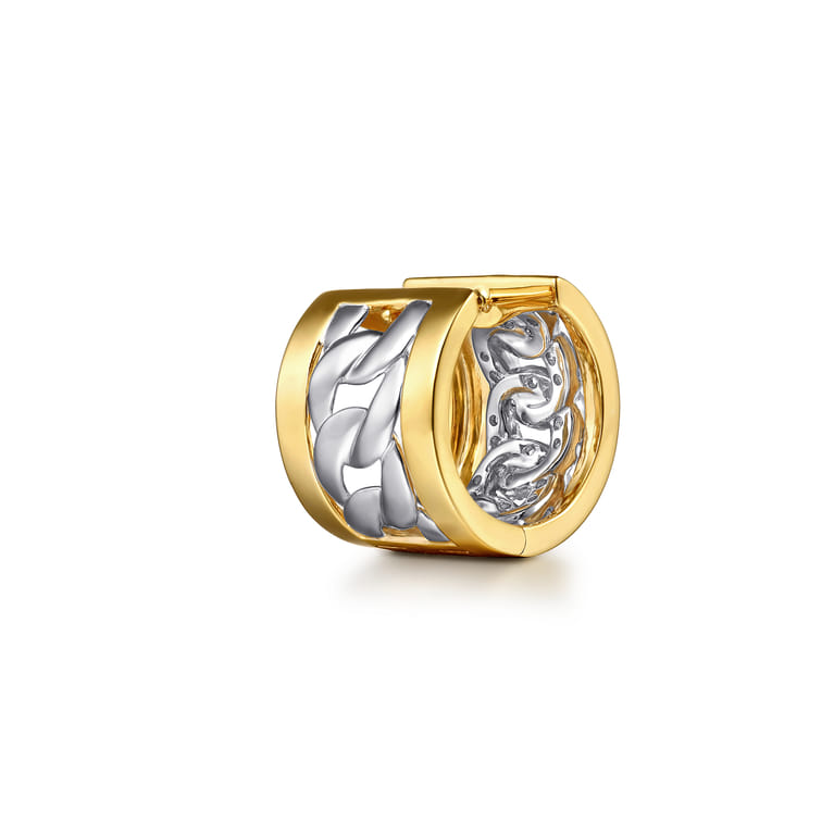 18K White  Yellow Gold Diamond Link Huggie Earrings - 1 ct - Shot 2