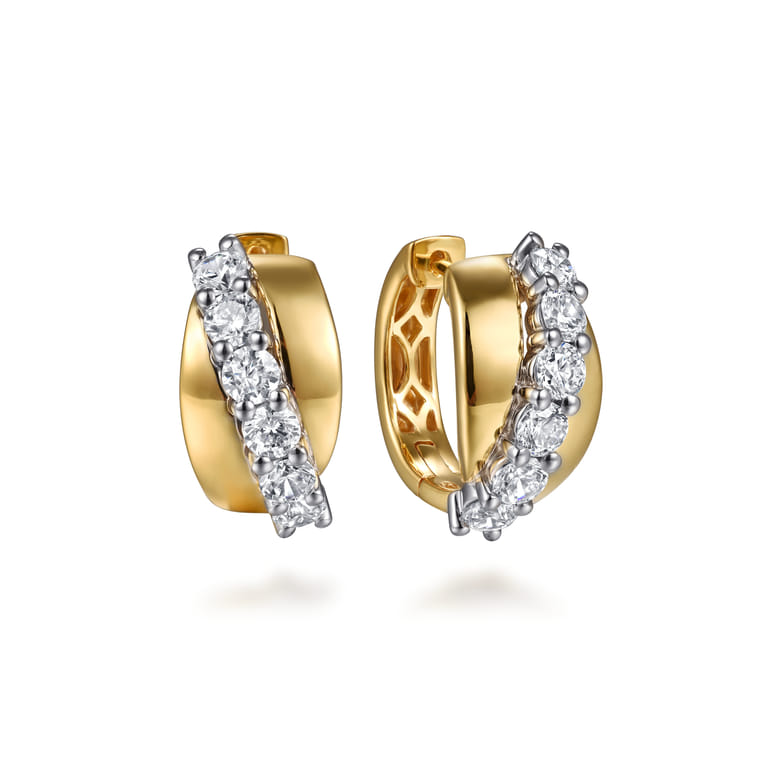 18K White  Yellow Gold Diamond Twist Huggie Earrings - 1.32 ct - Shot 1