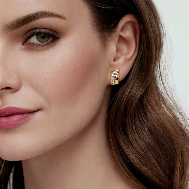 18K White  Yellow Gold Diamond Twist Huggie Earrings - 1.32 ct - Shot 2