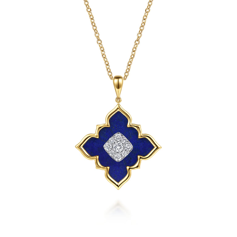 18K White  Yellow Gold Diamond and Lapis Floral Pendant Necklace - 0.5 ct - Shot 1