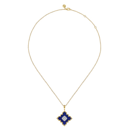 18K White  Yellow Gold Diamond and Lapis Floral Pendant Necklace