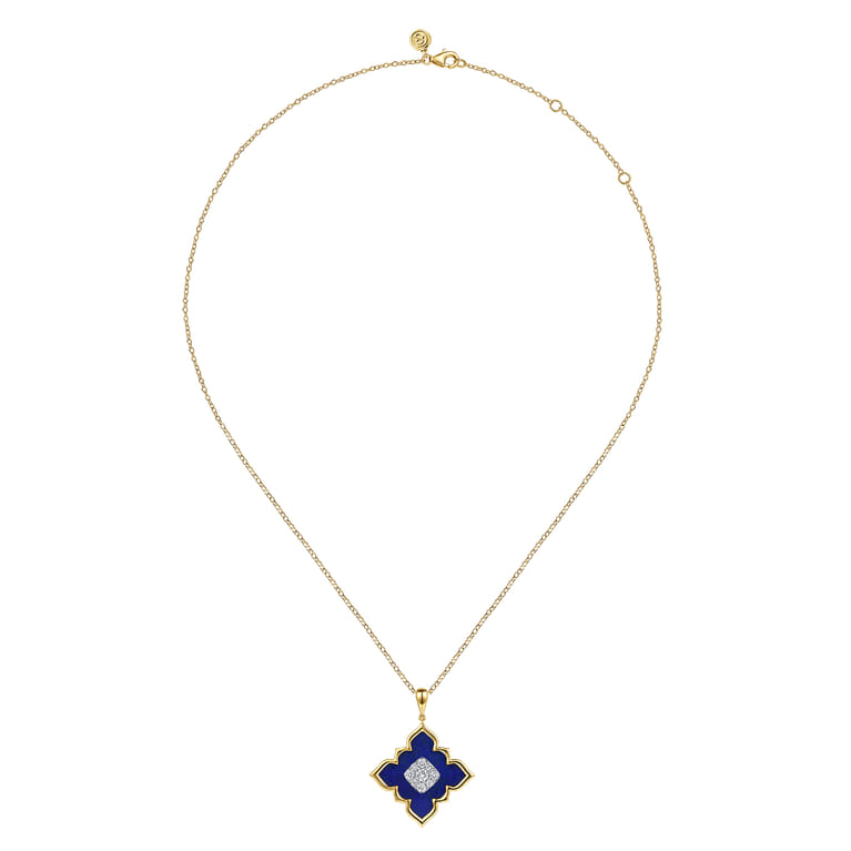 18K White  Yellow Gold Diamond and Lapis Floral Pendant Necklace - 0.5 ct - Shot 2