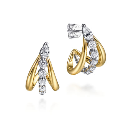 18K White  Yellow Gold Graduating Diamond J Hoop Stud Earrings
