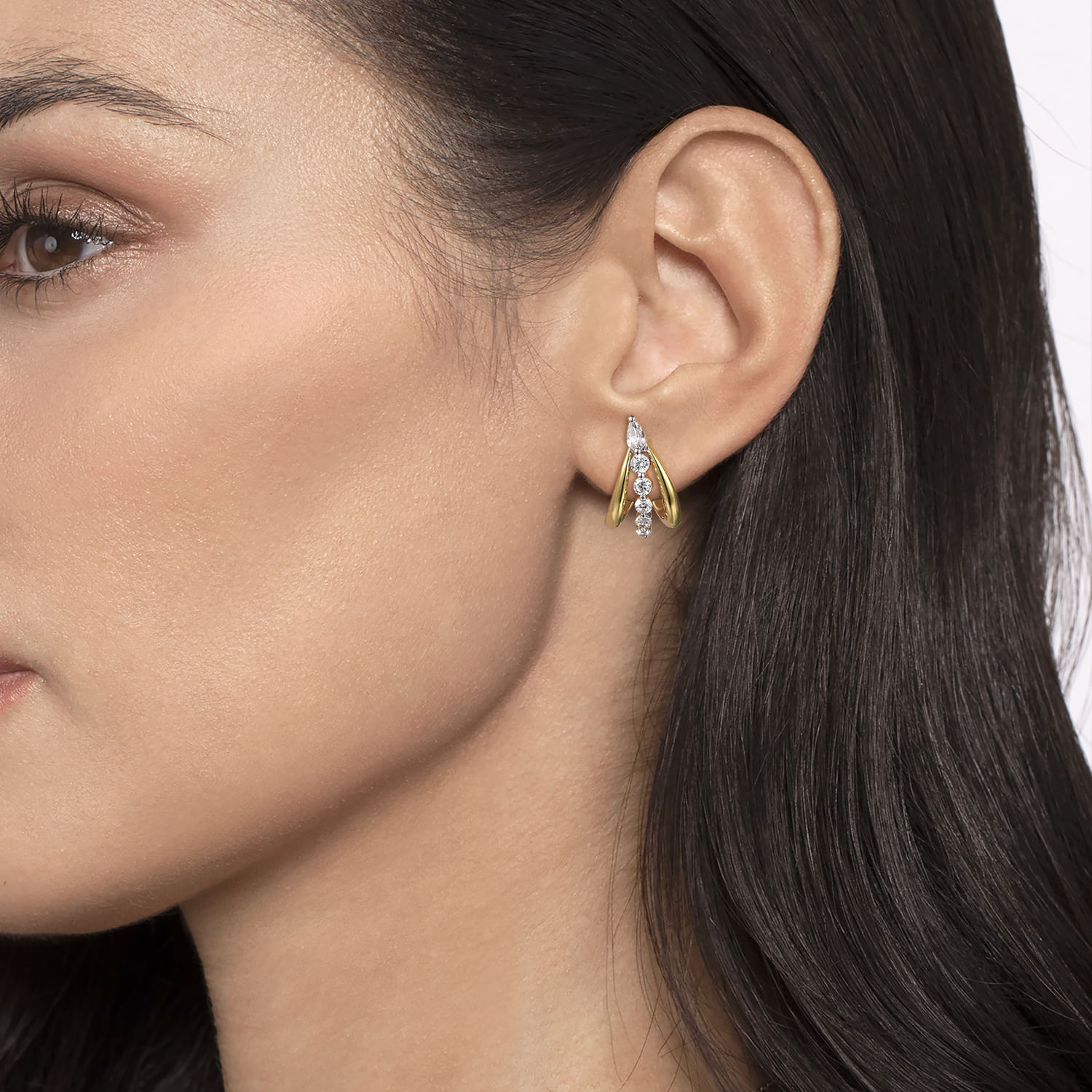 18K White  Yellow Gold Graduating Diamond J Hoop Stud Earrings