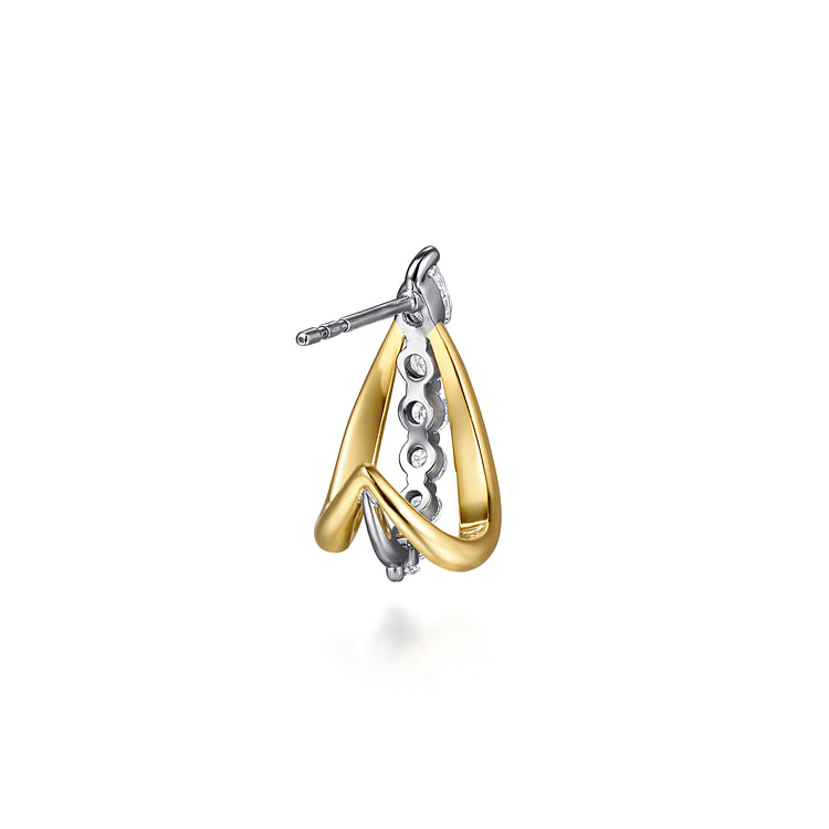 18K White  Yellow Gold Graduating Diamond J Hoop Stud Earrings