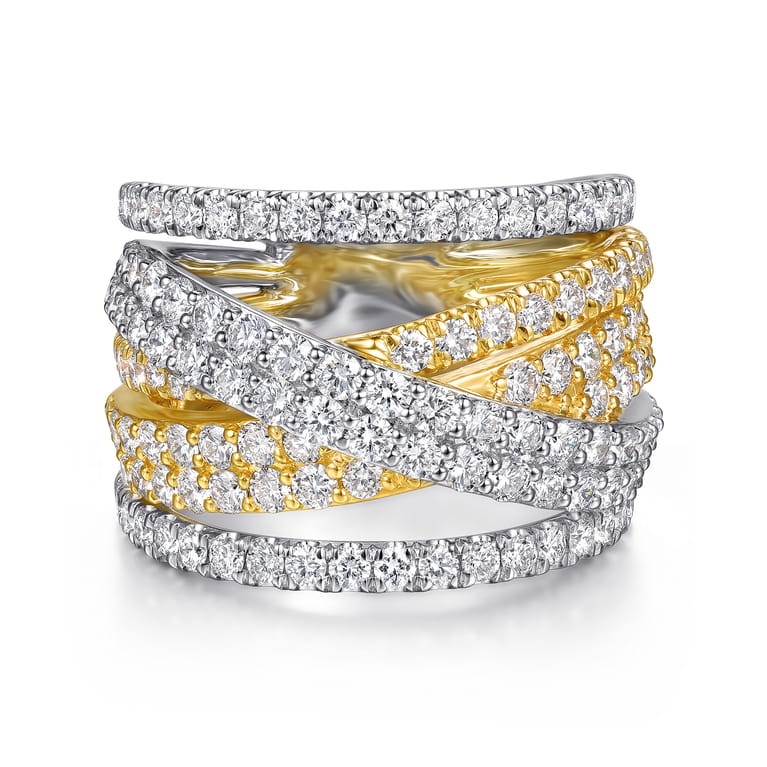 18K White  Yellow Gold Layered Wide Band Diamond Ring - 2.37 ct - Shot 1