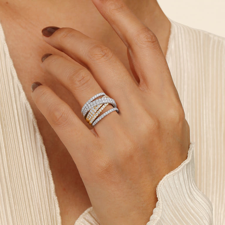 18K White  Yellow Gold Layered Wide Band Diamond Ring - 2.37 ct - Shot 6