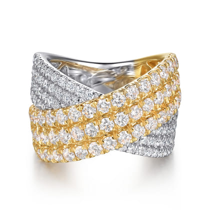 18K White  Yellow Gold Multi Row Diamond Criss Cross Ring