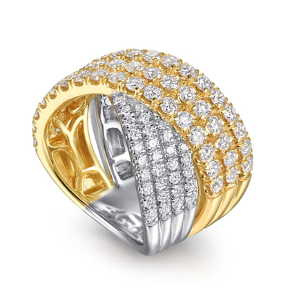 18K White  Yellow Gold Multi Row Diamond Criss Cross Ring