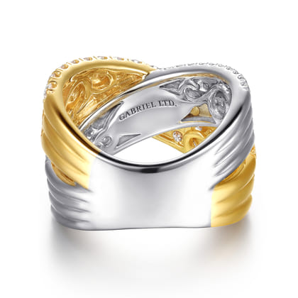 18K White  Yellow Gold Multi Row Diamond Criss Cross Ring