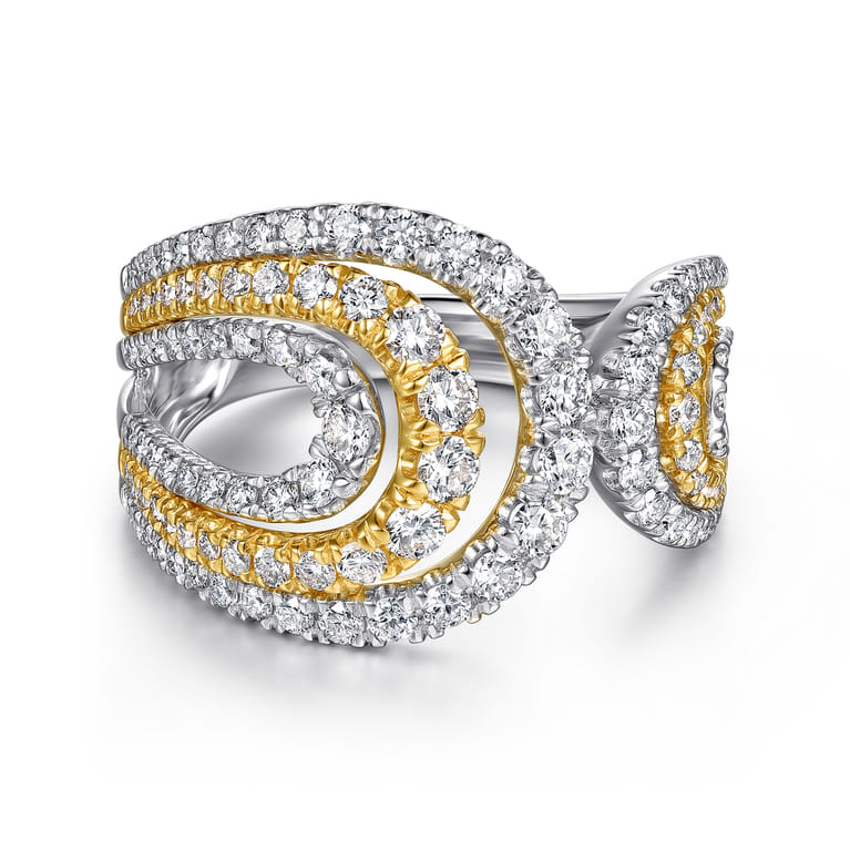 18K White  Yellow Gold Split Shank Diamond Wide Band Ring - 1.06 ct - Shot 1