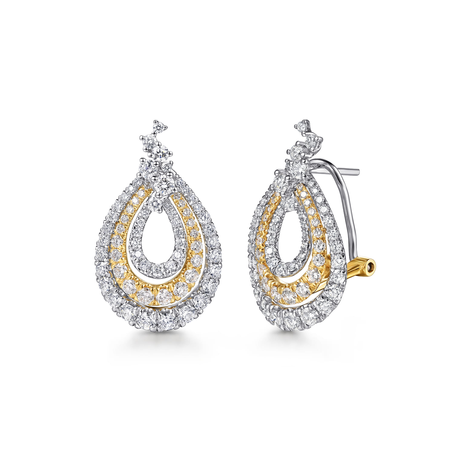 18K White  Yellow Gold Triple Teardrop Diamond Huggies - 1.95 ct - Shot 1
