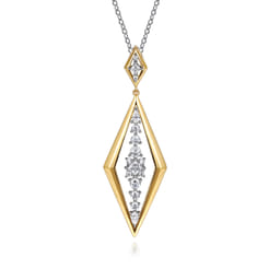 18K White and Yellow Gold Diamond Elongated Diamond Shape Drop Pendant Necklace
