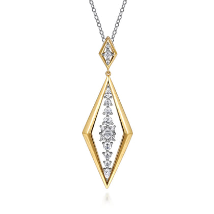 18K White and Yellow Gold Diamond Elongated Diamond Shape Drop Pendant Necklace