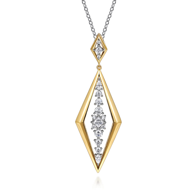18K White and Yellow Gold Diamond Elongated Diamond Shape Drop Pendant Necklace - 2.3 ct - Shot 1